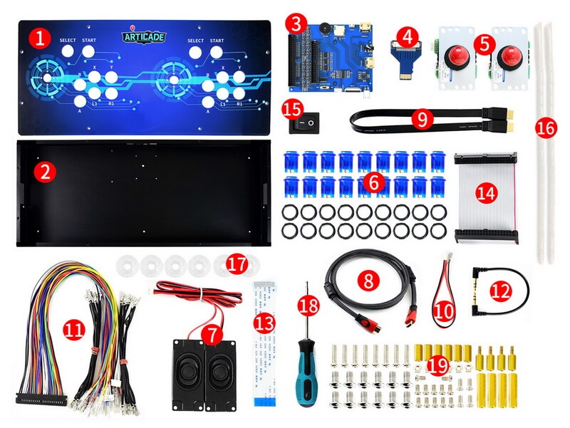 Componentes incluidos Waveshare Kit Arcade Console 2 players