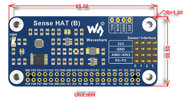 Sense HAT de Waveshare - Dimensiones