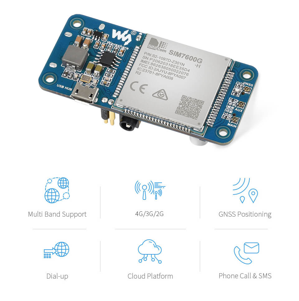 SIM7600G-H 4G HAT (B) for Raspberry Pi, LTE Cat-4 4G / 3G / 2G Support, GNSS Positioning, Global Band