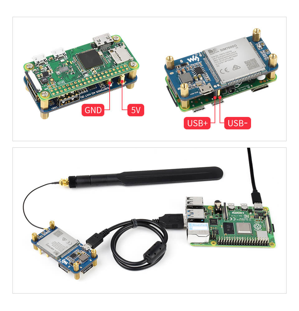 SIM7600G-H 4G HAT (B) for Raspberry Pi, LTE Cat-4 4G / 3G / 2G Support, GNSS Positioning, Global Band