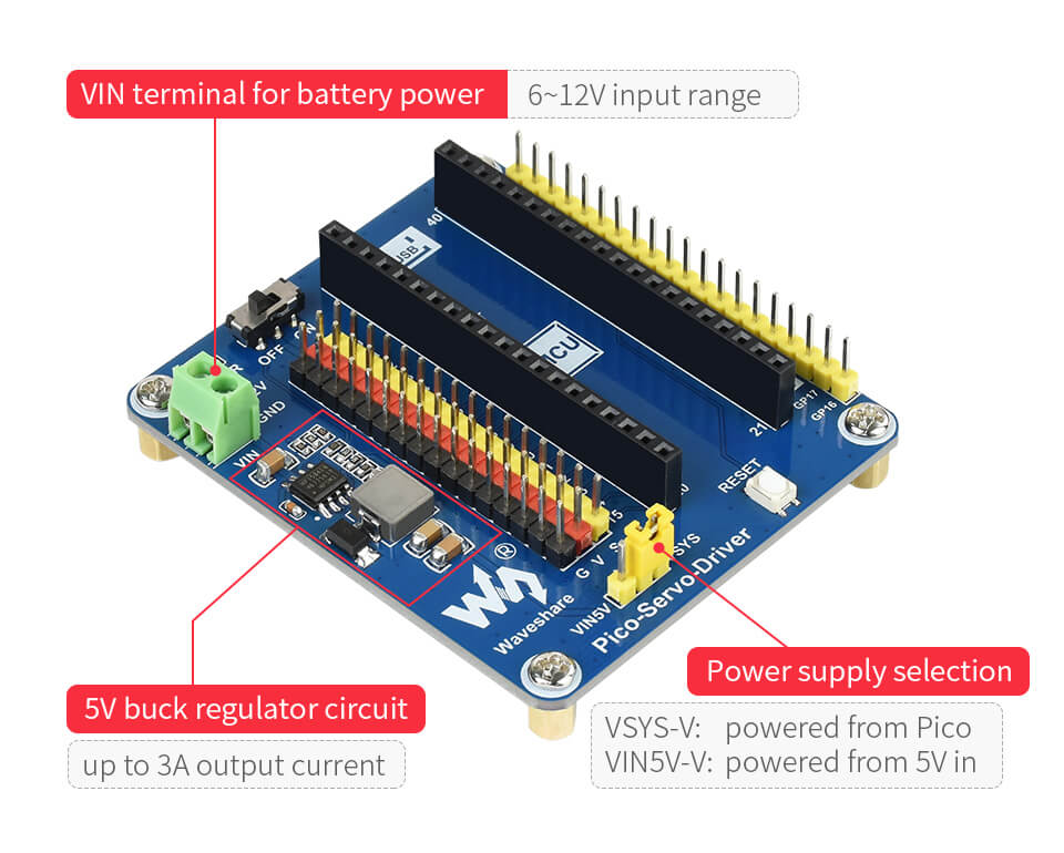 Servo Driver Module for Raspberry Pi Pico, 16-ch Outputs, 16-bit Resolution