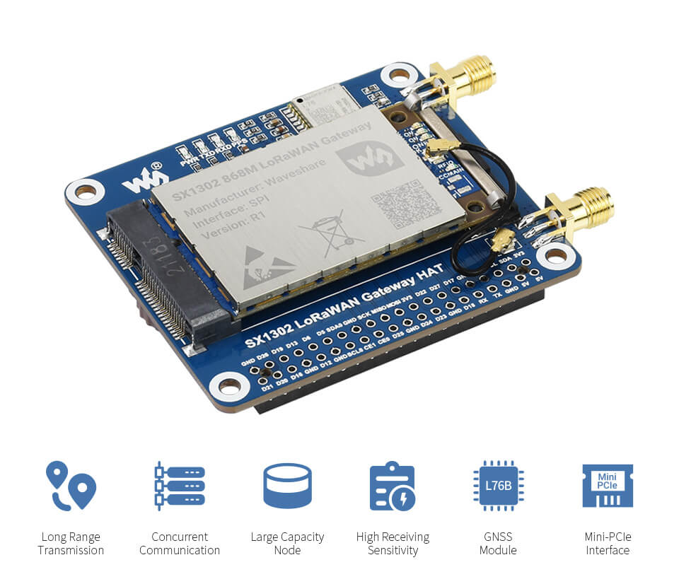 SX1302 LoRaWAN Gateway HAT for Raspberry Pi, SX1302 868M EU868, GNSS Module